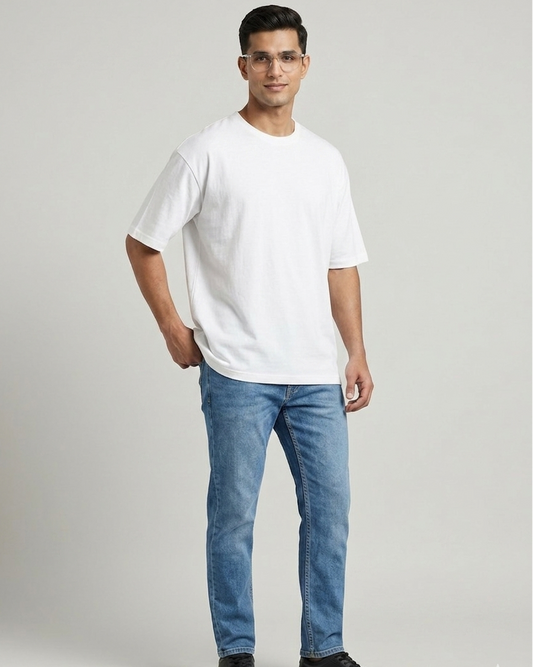 Heavyweight Oversized T-shirt (White) – 240 GSM Biowash Cotton (Drop Shoulder)