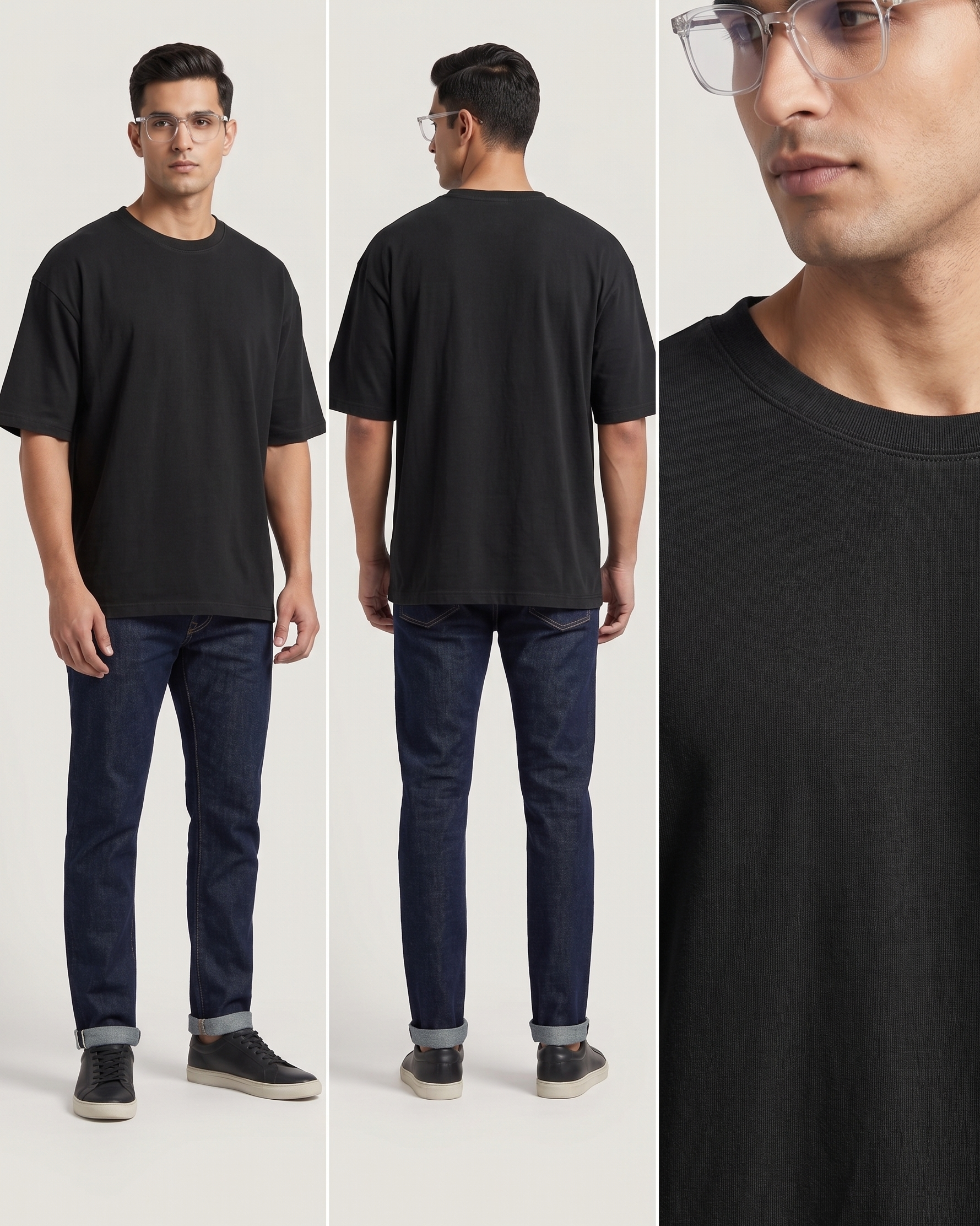 Black t-shirt worn by a person with front, back, and close-up views on a white background