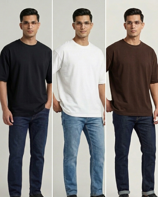 Set of 3 - Heavyweight Oversized T-shirt (Black, Brown and White) – 240 GSM Biowash Cotton (Drop Shoulder)